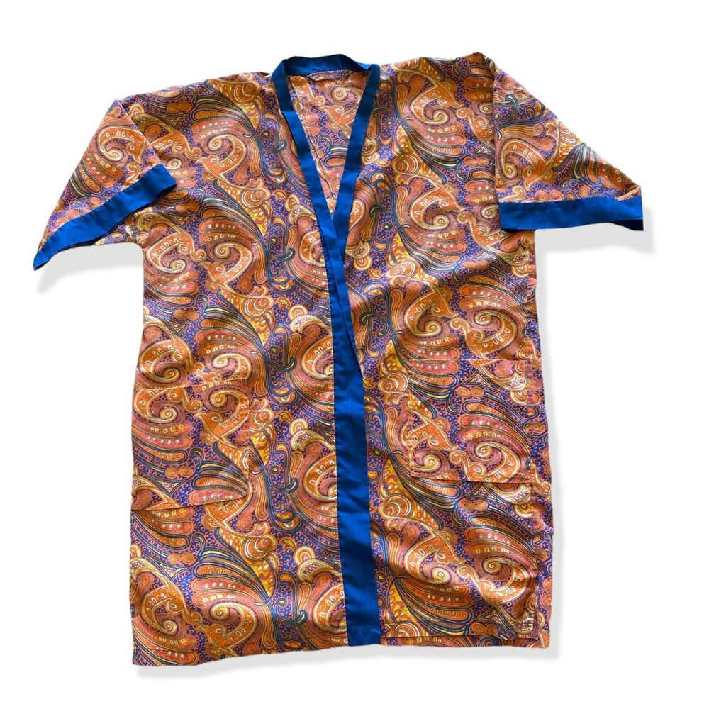 VTG 60s 70s Paisley Robe Orange Blue  Kimono Hippie One Size XS S M L no belt